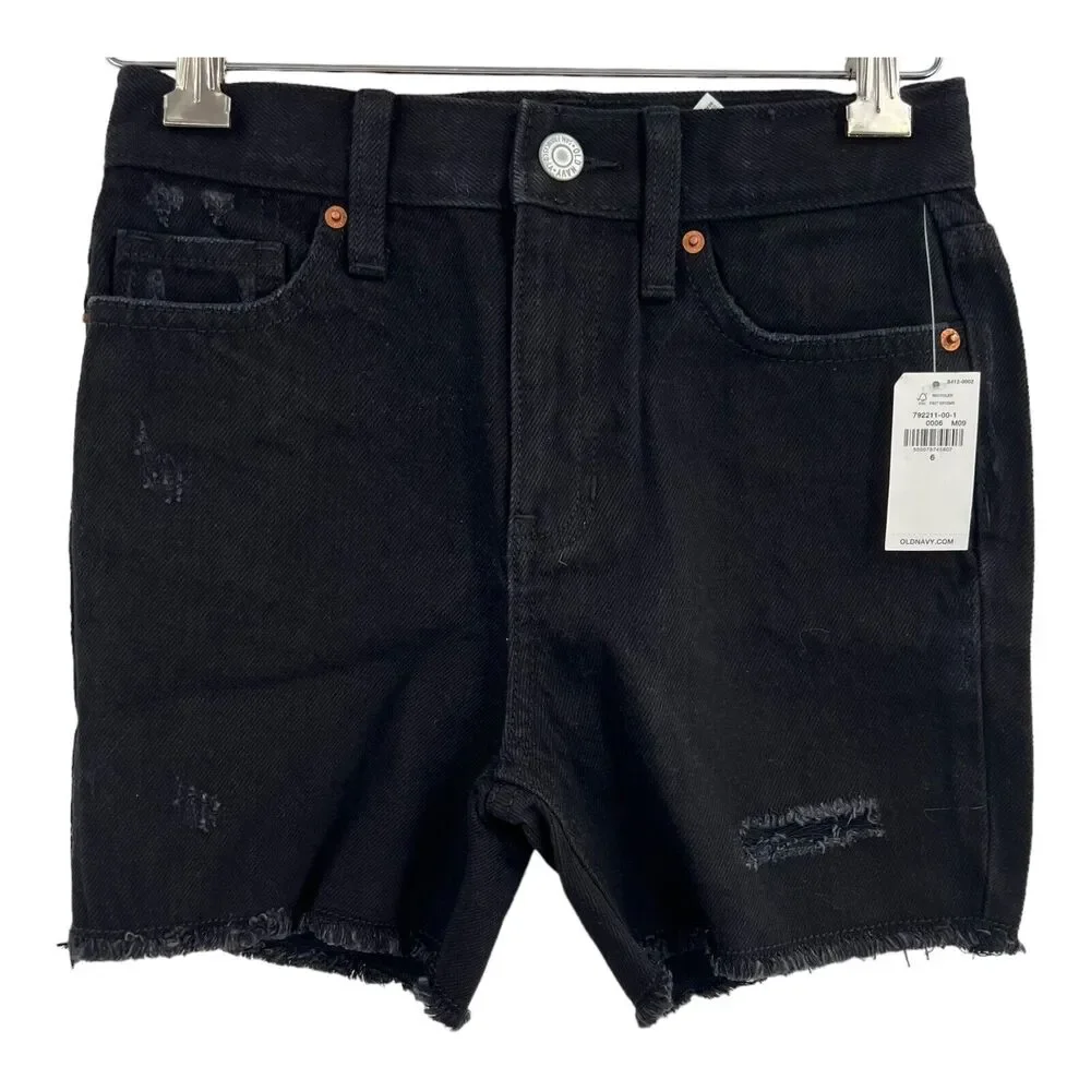 Old Navy Slouchy Straight High Rise Black Denim Shorts 6‎ New